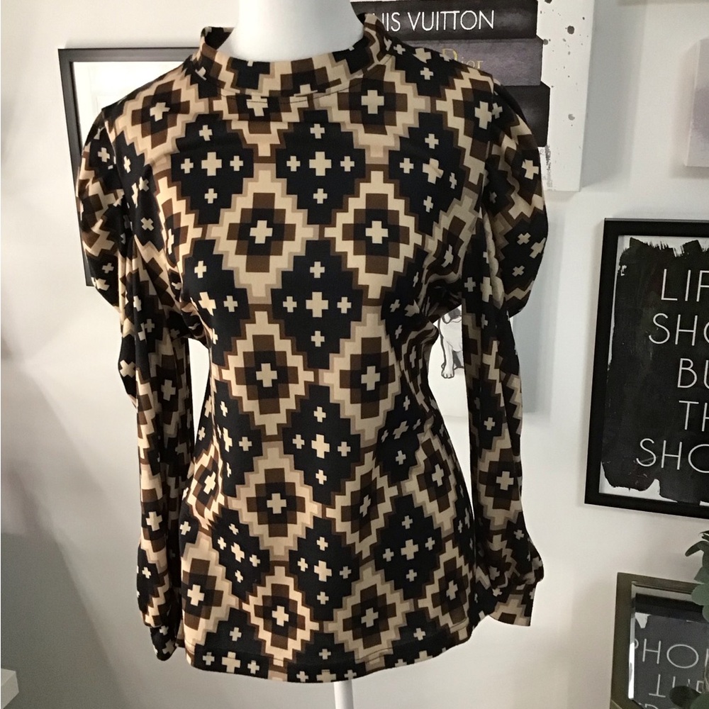 Western Print “ Puff Sleeve” Blouse in Black and Tan